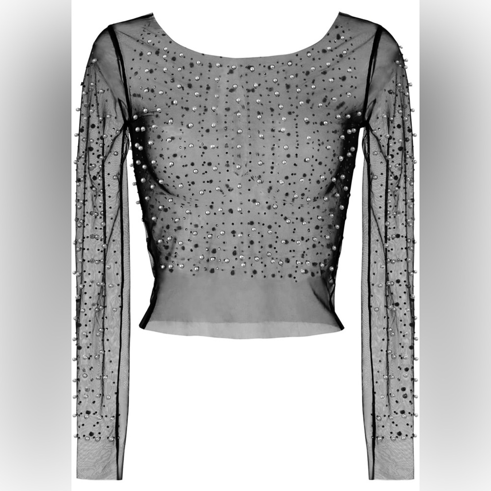 Pearl Rhinestone See Through Long Sleeve Mesh Blouse - Size 2XL - Picture 6 of 6